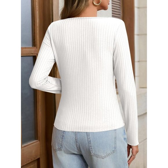 Women's Ribbed Long Sleeve Button-Down Top Fitted Casual Fall Layering - Picture 7 of 8